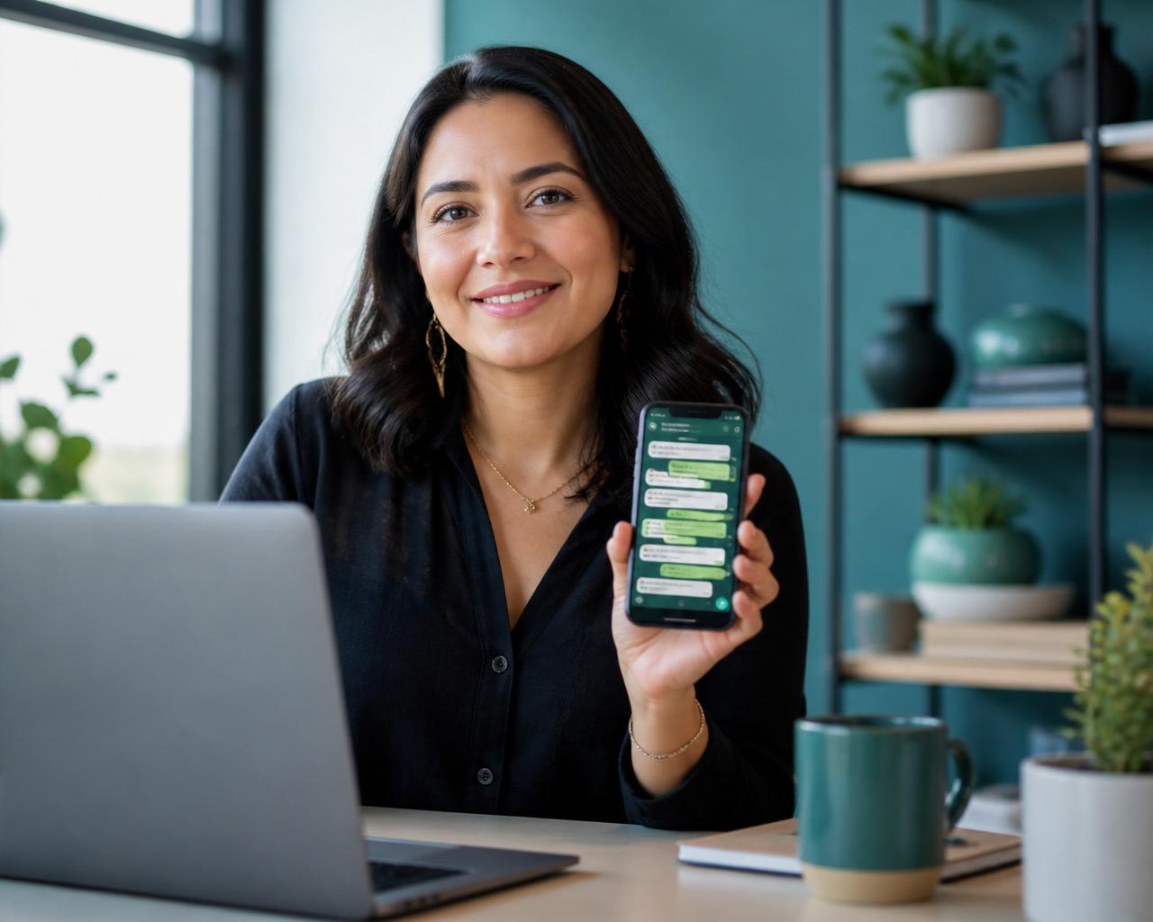 Persona de negocios en México usando WhatsApp y una laptop para atender clientes